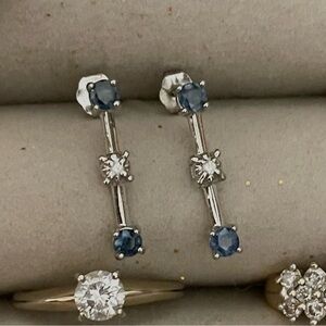 Solid gold natural diamond past present future three stone line stud earrings